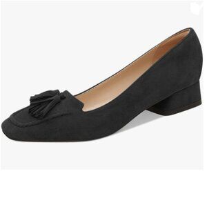 YDN Black Block Low Heel Loafers Square Toe Tassel Fringed Slip On Dress Pump